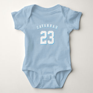 Athletic sports light blue custom name number cute baby bodysuit