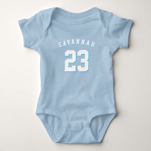 Athletic sports light blue custom name number cute baby bodysuit (Front)