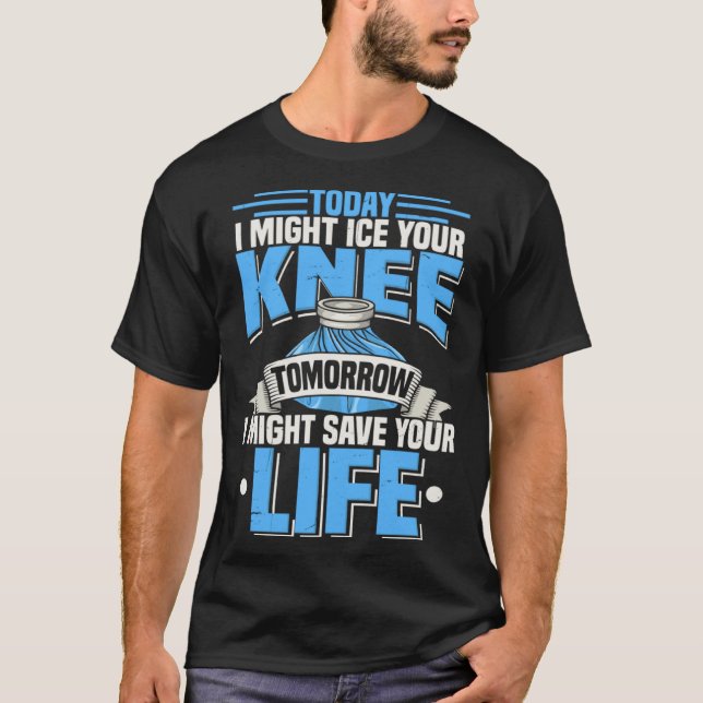 Athletic Trainer Sports Medicine Guy Ice Knee T-Shirt (Front)