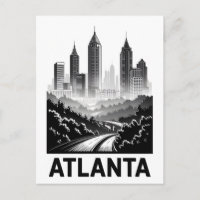 Atlanta Georgia Skyline Black White Woodcut
