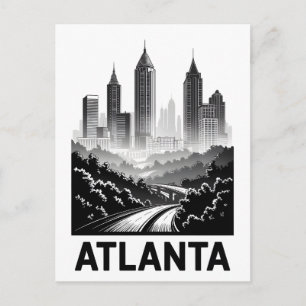 Atlanta Georgia Skyline Black White Woodcut Postcard