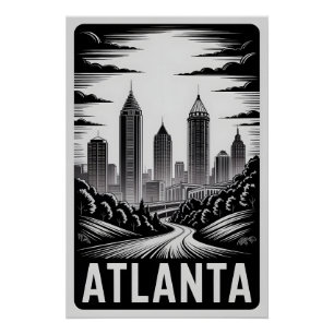 Atlanta Georgia Skyline Black White Woodcut Poster