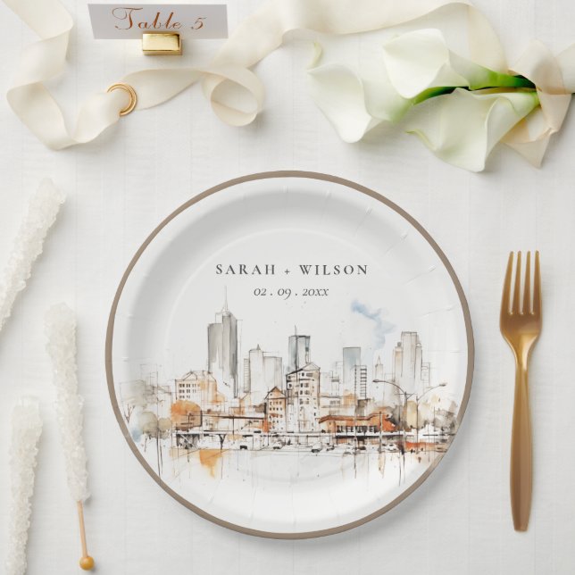 Atlanta Georgia Watercolor Landscape Wedding Paper Plate (Wedding)