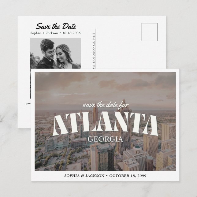 Atlanta Wedding Save the Date Downtown Retro Postcard (Front/Back)