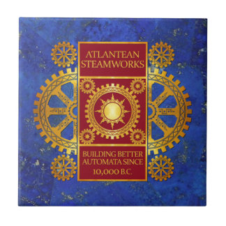 Atlantean Steamworks - Gold & Red on Lapis Lazuli Ceramic Tile