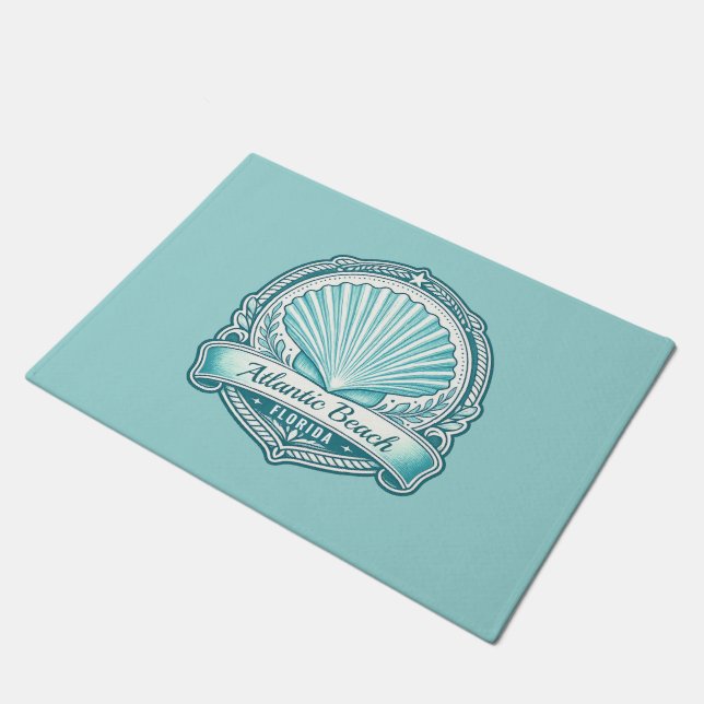 Atlantic Beach FL Coastal Seashell Emblem Doormat (Angled)