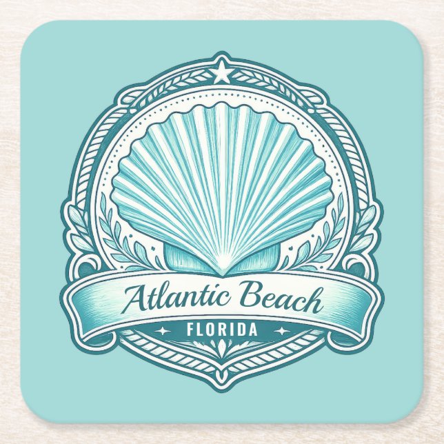Atlantic Beach FL Coastal Seashell Emblem Square Paper Coaster (Front)