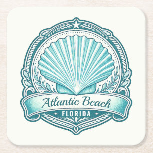 Atlantic Beach FL Coastal Seashell Emblem Square Paper Coaster