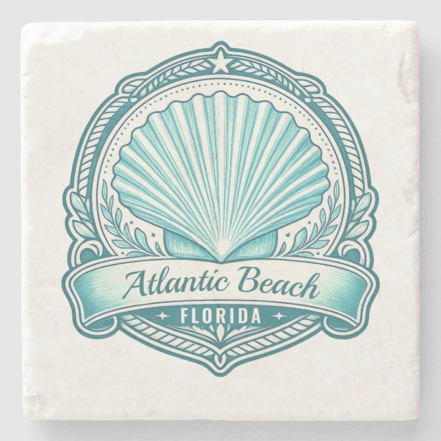 Atlantic Beach FL Coastal Seashell Emblem Stone Coaster (Front)