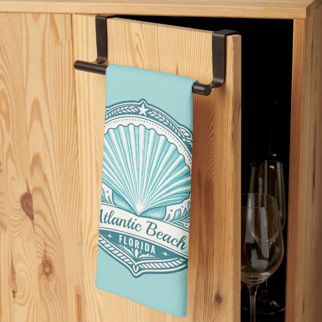 Atlantic Beach FL Coastal Seashell Emblem Tea Towel (Thirds Fold)