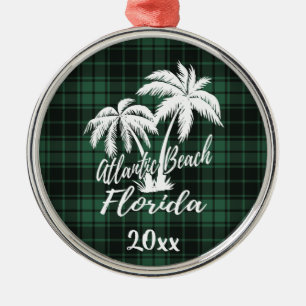 Atlantic Beach Florida Palm Tree Green Plaid Metal Ornament
