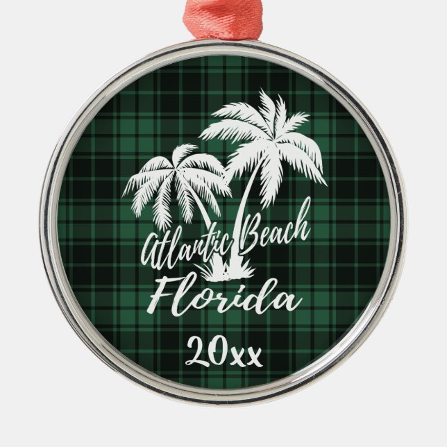 Atlantic Beach Florida Palm Tree Green Plaid Metal Ornament (Front)