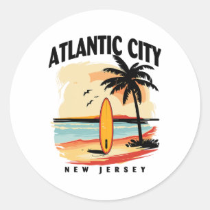 Atlantic City New Jersey Surfboard Surfing Men Wom Classic Round Sticker