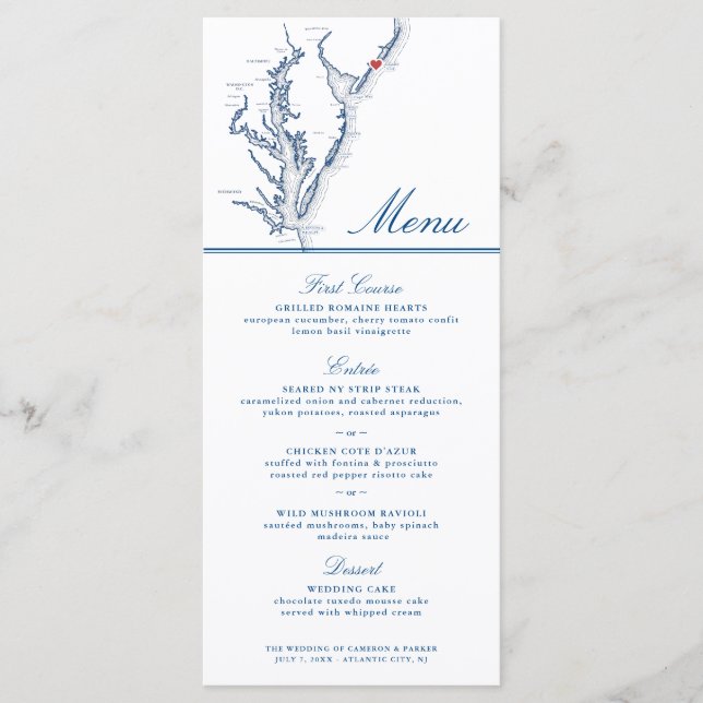 Atlantic City NJ Map Elegant Navy Blue Wedding Menu (Front)