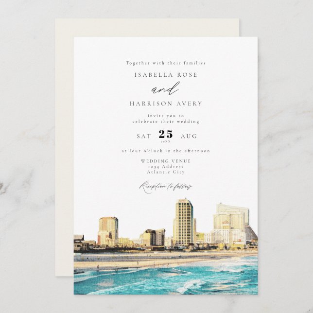 ATLANTIC CITY Watercolor Skyline Wedding Invitation (Front/Back)