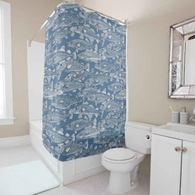 Atlantic cod cobalt denim shower curtain (In Situ)