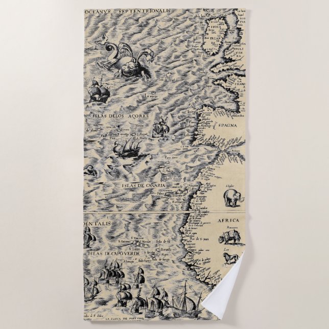 Atlantic Ocean Antique World Map Beach Towel (Front)