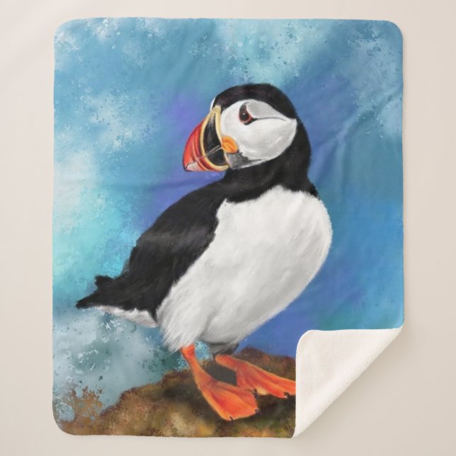 Atlantic Puffin Bird - Clown Beak - Painting Sherpa Blanket (Front)