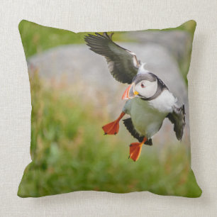 Atlantic Puffin bird flying throw pillow