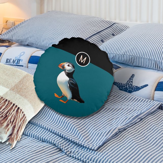 Atlantic Puffin Bird Ocean Blue Wildlife Monogram Round Cushion (A round pillow in dark ocean blue, with a picture of an Atlantic puffin, and monogram initial)