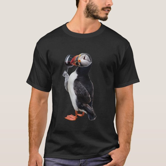 Atlantic Puffin Drinking Wine Realistic T-Shirt (Front)