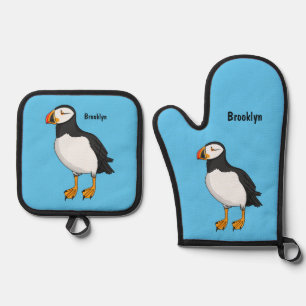 Atlantic puffin illustration oven mitt & pot holder set