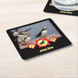 Atlantic Puffin Swimming Cartoon Monogram Photo Square Paper Coaster