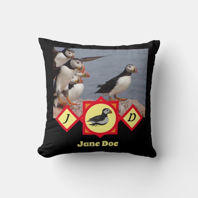Atlantic Puffin Swimming  Monogram Photo Name Cushion (Front)