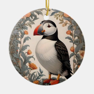 Atlantic Puffin William Morris Inspired Floral Ceramic Ornament
