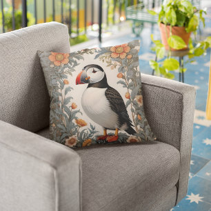 Atlantic Puffin William Morris Inspired Floral Cushion