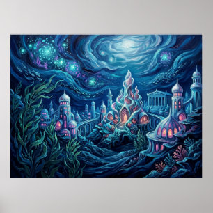 Atlantis Starry Night Underwater Landscape Poster