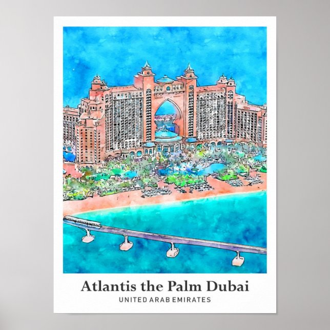 Atlantis the Palm Dubai UAE Travel Watercolor Poster (Front)