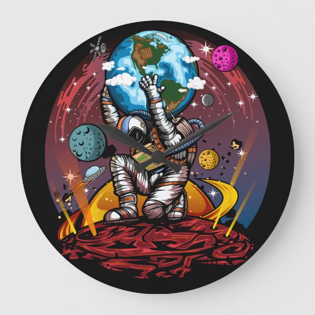 Atlas Astronaut Holding Earth Mars Galaxy Cosmic Large Clock (Front)