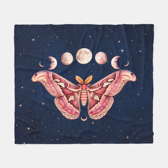 Atlas Moth Night Sky Cosmos Moon Phase | Boho Art Fleece Blanket (Front (Horizontal))