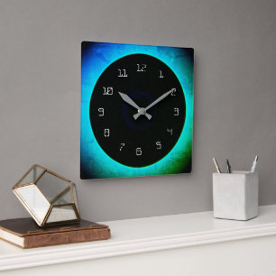Atmospheric Aqua/Green Background with Black Face Square Wall Clock