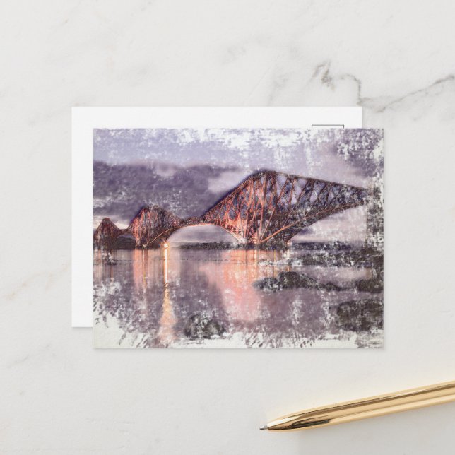 Atmospheric Forth Bridge at Twilight Watercolour Postcard (Front/Back In Situ)