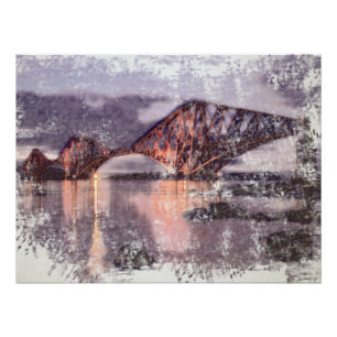 Atmospheric Forth Bridge at Twilight Watercolour Poster
