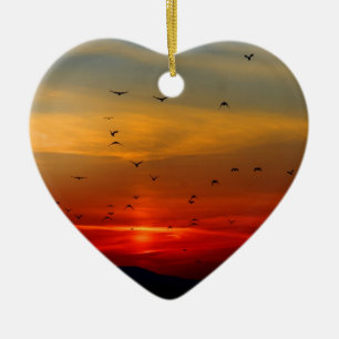 Atmospheric Sky, sunset, birds, beautiful photo Ceramic Tree Decoration
