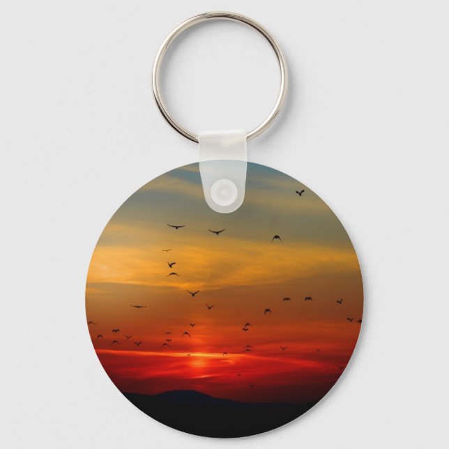 Atmospheric Sky, sunset, birds, beautiful photo Key Ring (Front)