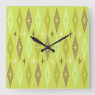 Atomic 1950’s Diamonds Stars Chartreuse Square Wall Clock