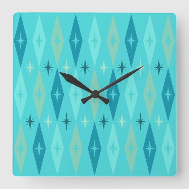 Atomic 1950’s Diamonds Stars Turquoise Square Wall Clock (Front)