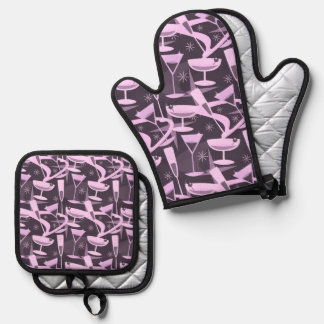 Atomic 50s Retro Martini Cocktail Pattern Oven Mitt & Pot Holder Set
