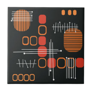 Atomic Abstract Barkcloth Black Burnt Orange Ceramic Tile