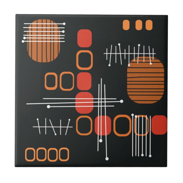 Atomic Abstract Barkcloth Black Burnt Orange Ceramic Tile (Front)