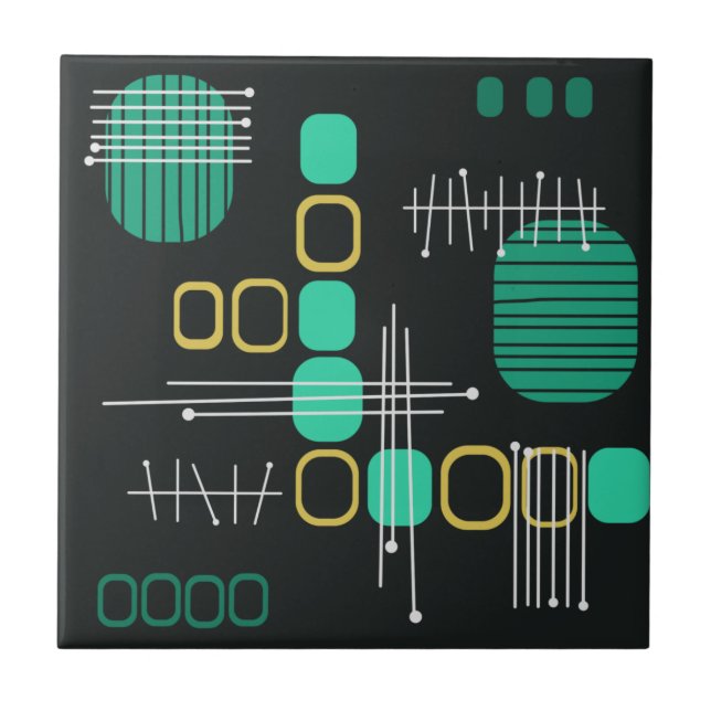 Atomic Abstract Barkcloth Black Turquoise Ceramic Tile (Front)
