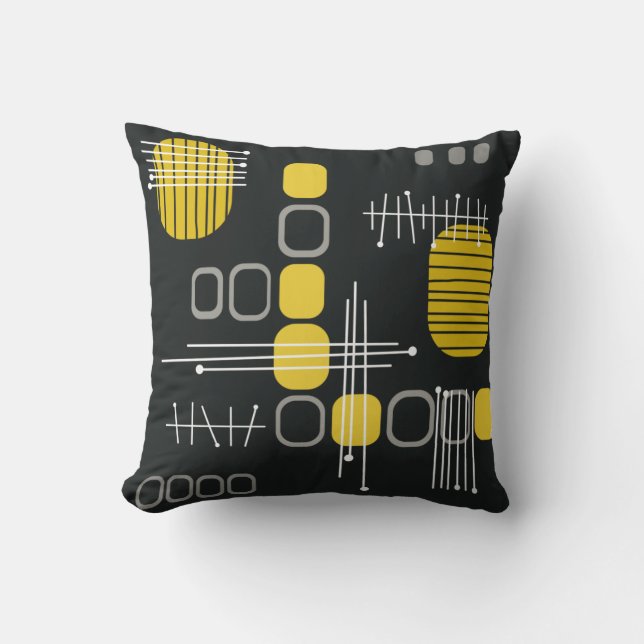 Atomic Abstract Barkcloth Black Yellow Cushion (Front)