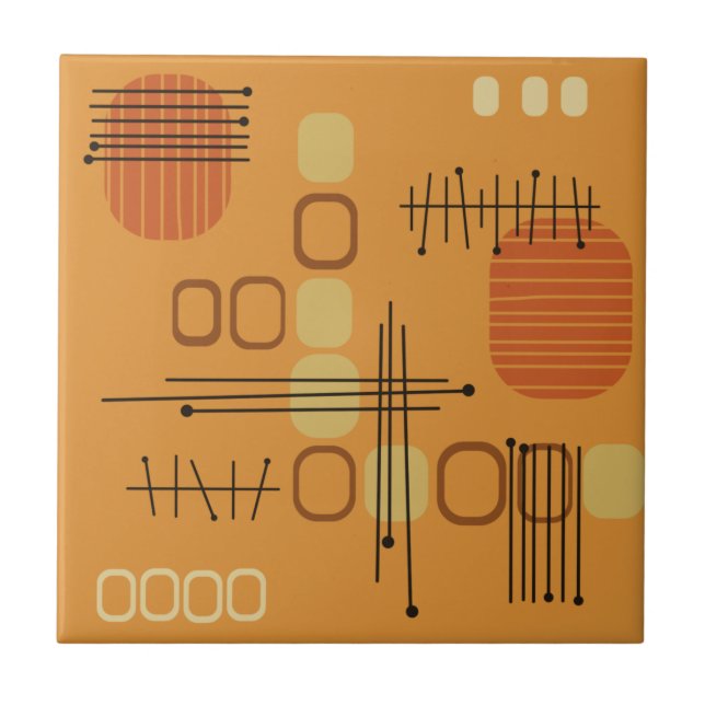 Atomic Abstract Barkcloth Ochre Ceramic Tile (Front)