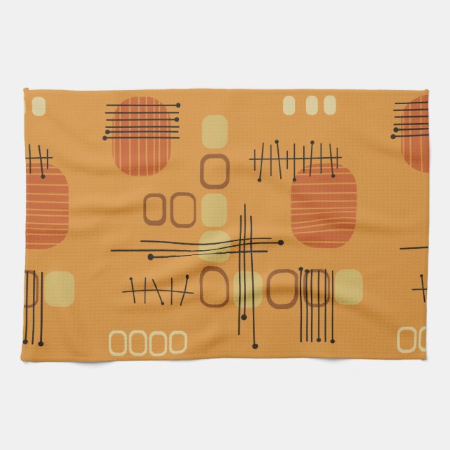 Atomic Abstract Barkcloth Ochre Tea Towel (Horizontal)