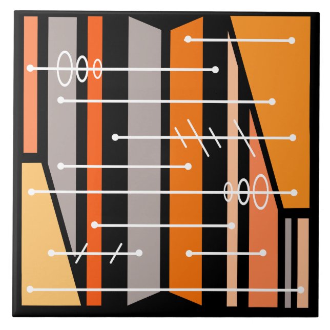 Atomic Abstract Geometric Art Black Orange Ceramic Tile (Front)