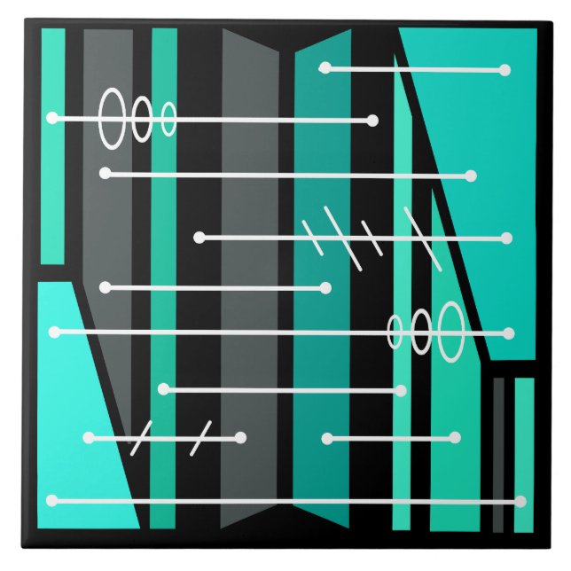 Atomic Abstract Geometric Art Black Turquoise Ceramic Tile (Front)